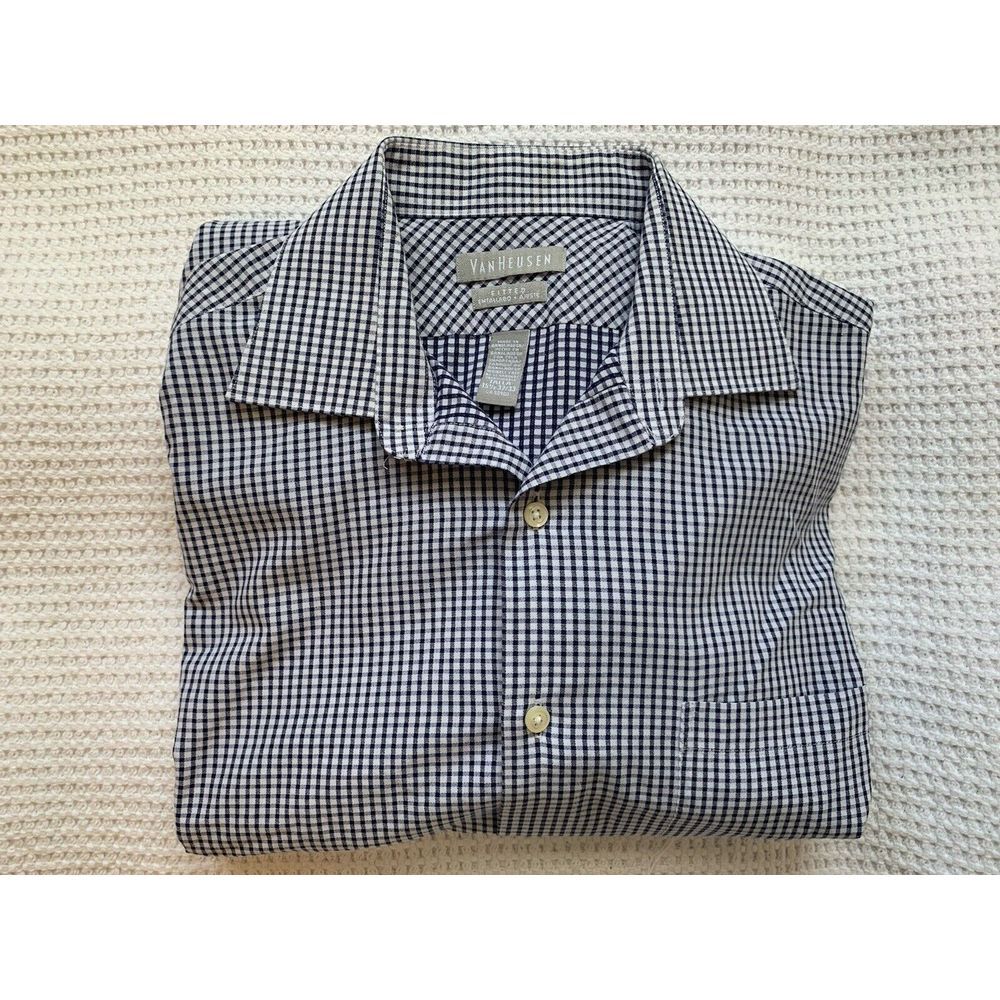 Van Heusen Shirt 15.5 32/33 Blue Fitted‎ Button Down Men's Talla Wrinkle Free